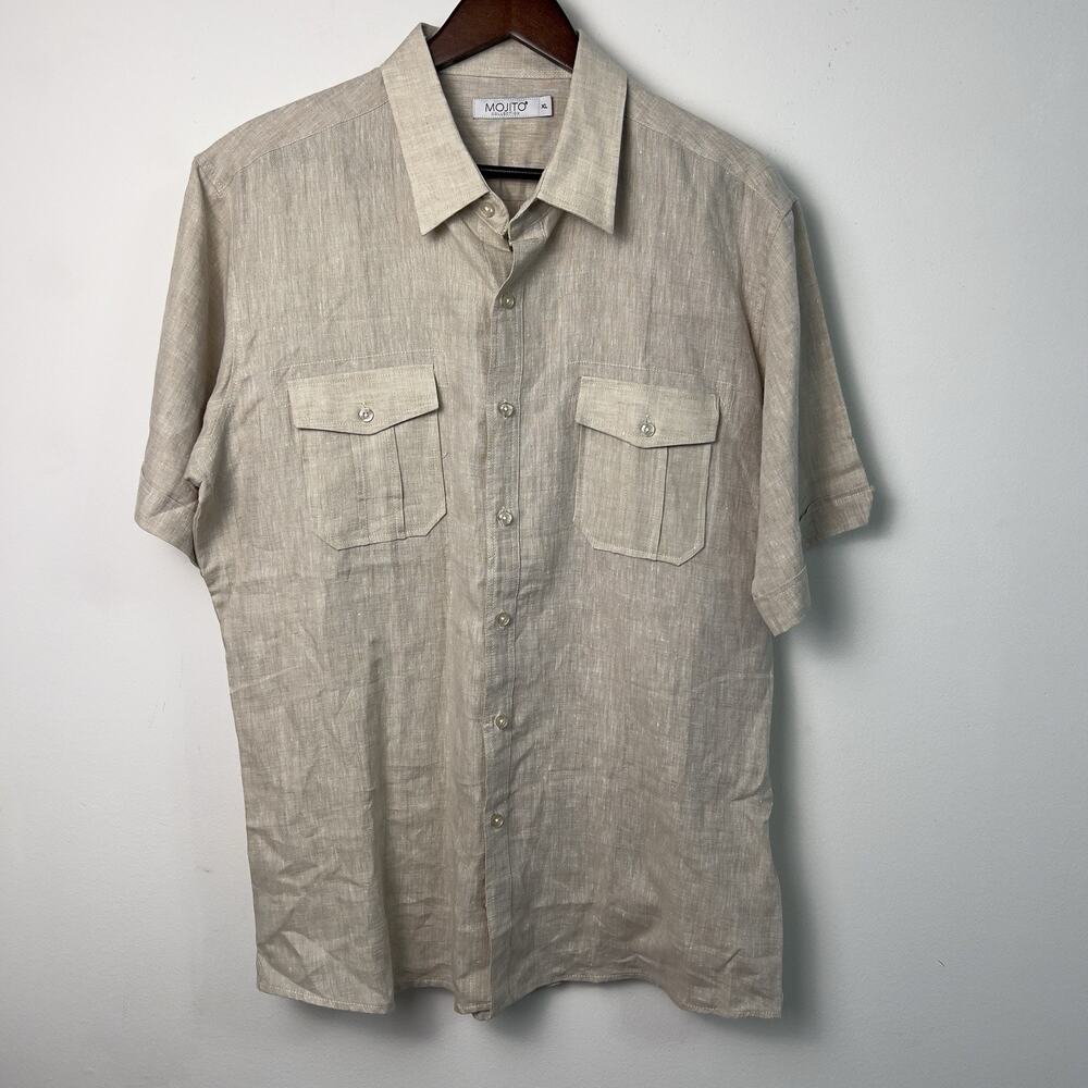 Mojito Men’s Shirt XL Linen Button Up Short Sleeve Brown Tan Pockets Camp Beach